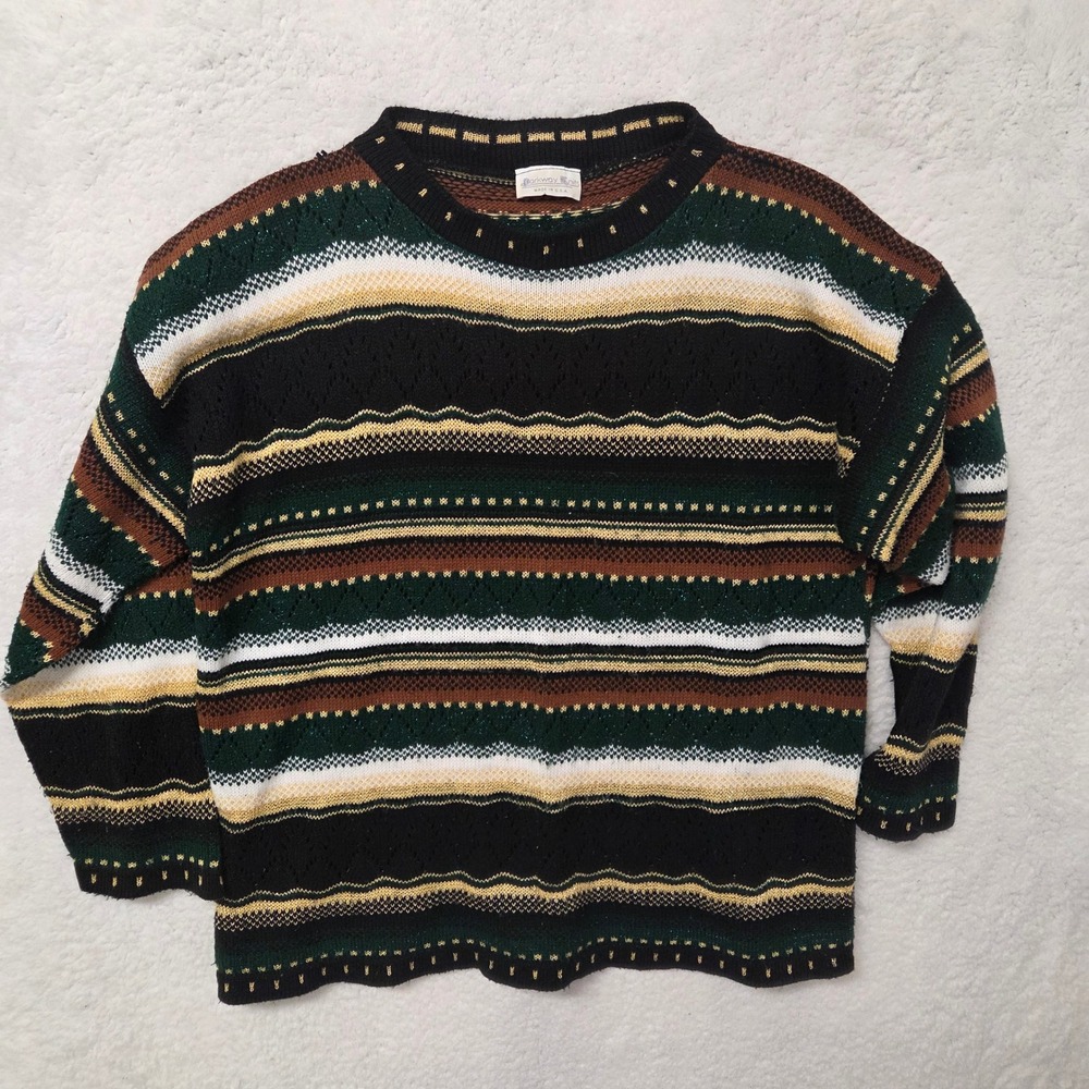Parkway Knits Vintage 90s Striped Metallic Lurex Crewneck Sweater Green Black‎ M